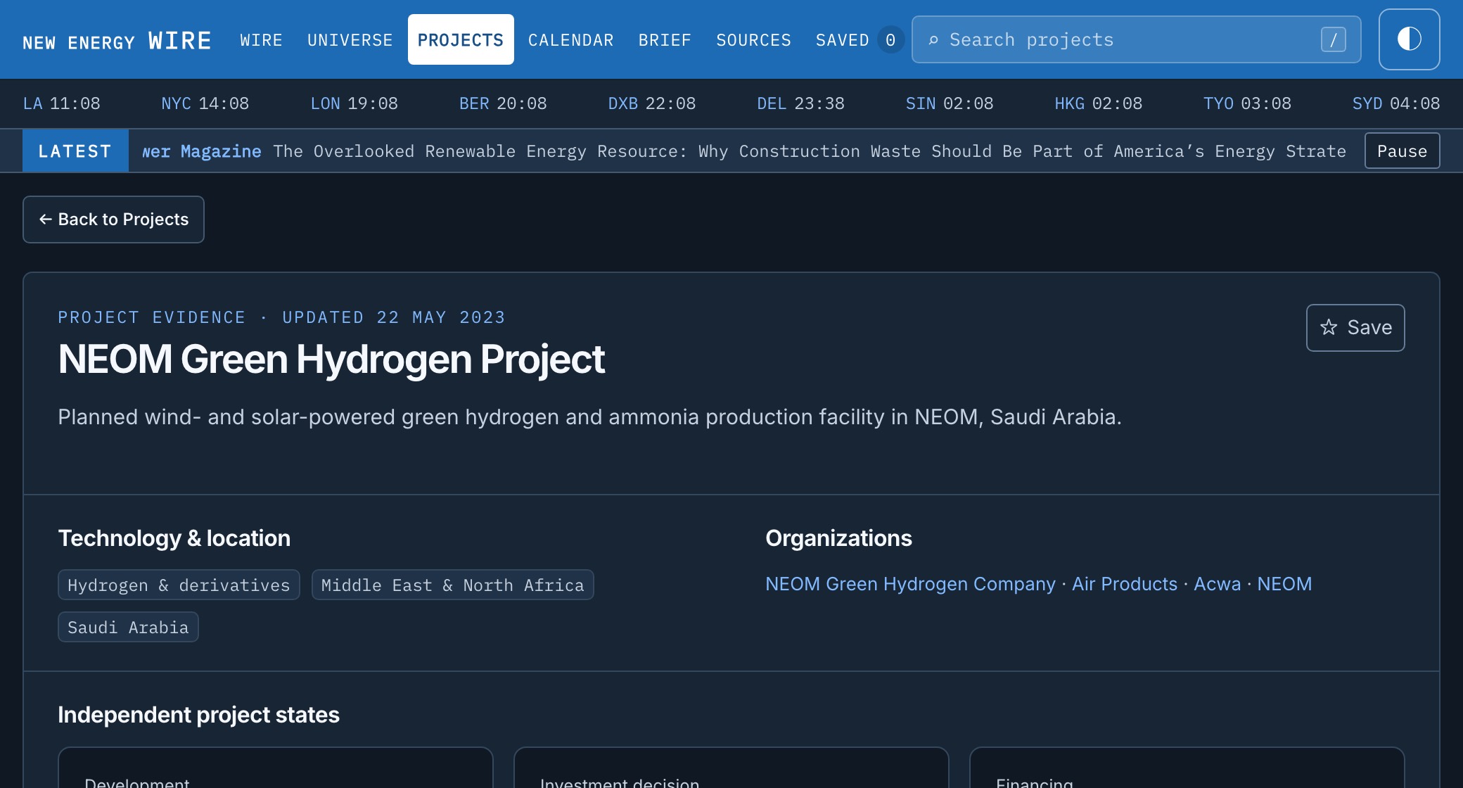 A project opened: its recorded states, each with the dated document the state was read from