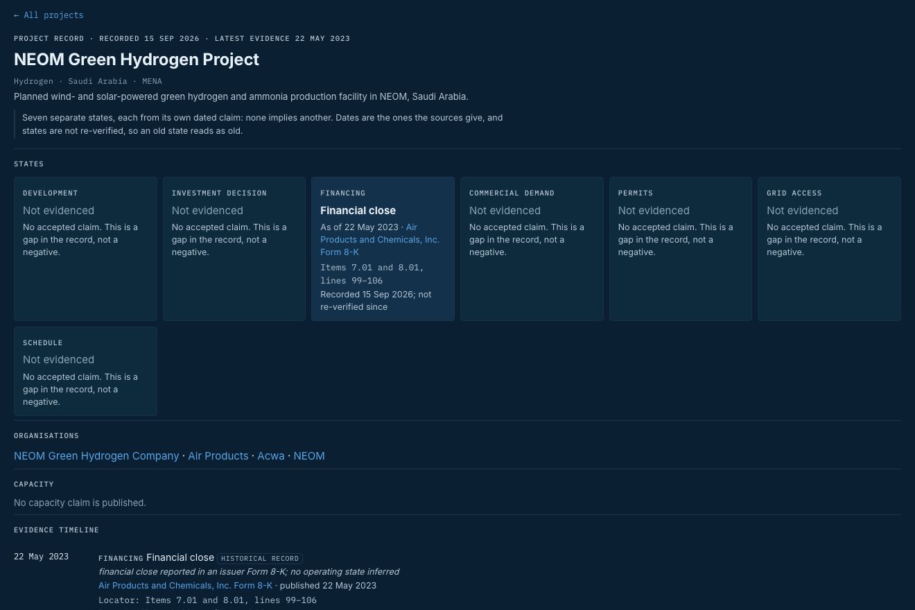 A project record showing states, evidence documents and source dates