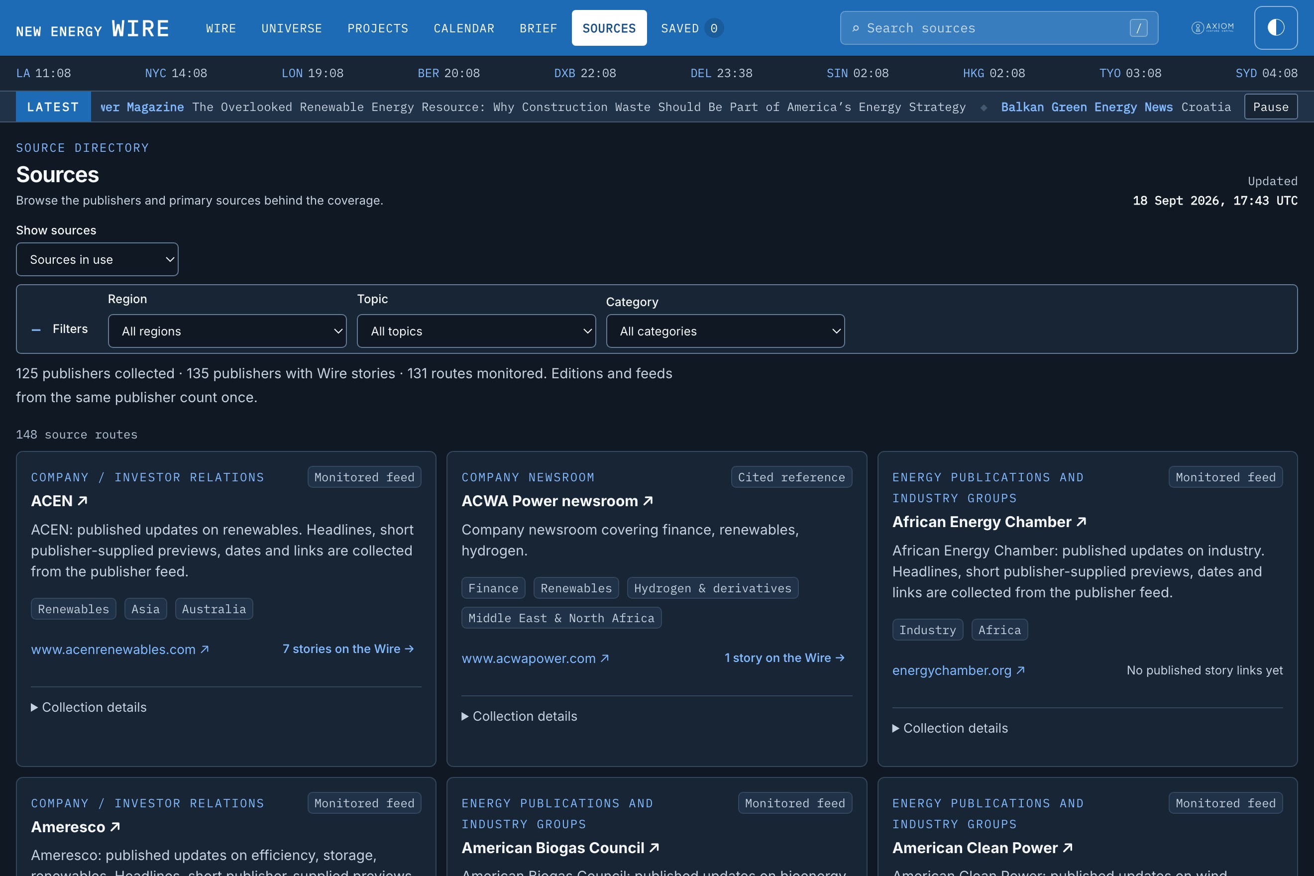 The sources view: monitored routes, cited references and candidates, with collection status for each